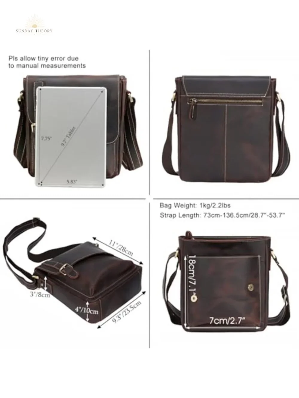 Vintage Full Grain Leather Messenger Bag Crossbody for Men Women with Tablet